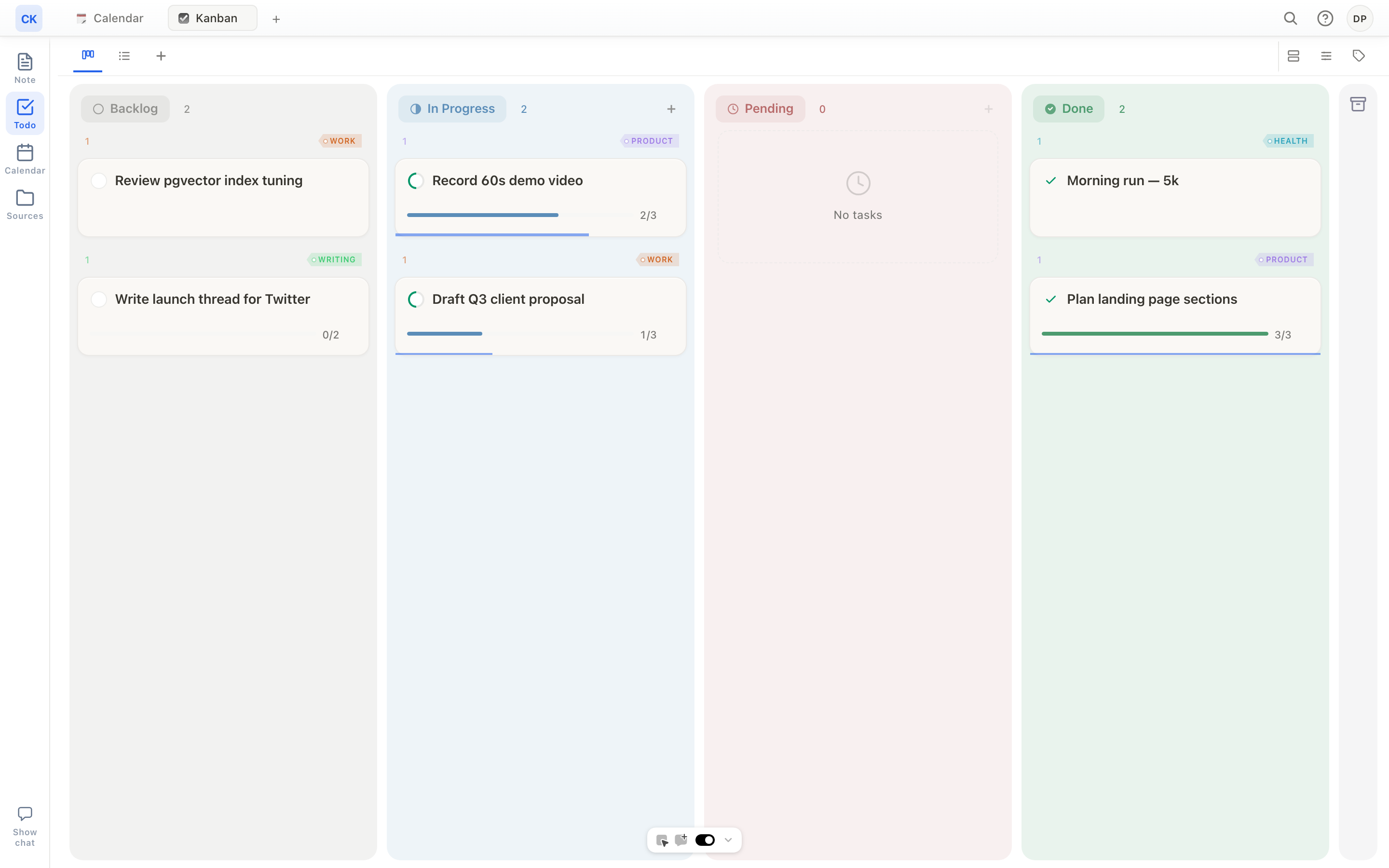 CoachKeeper Kanban board — tasks across Backlog, In Progress, Pending and Done with tags and progress